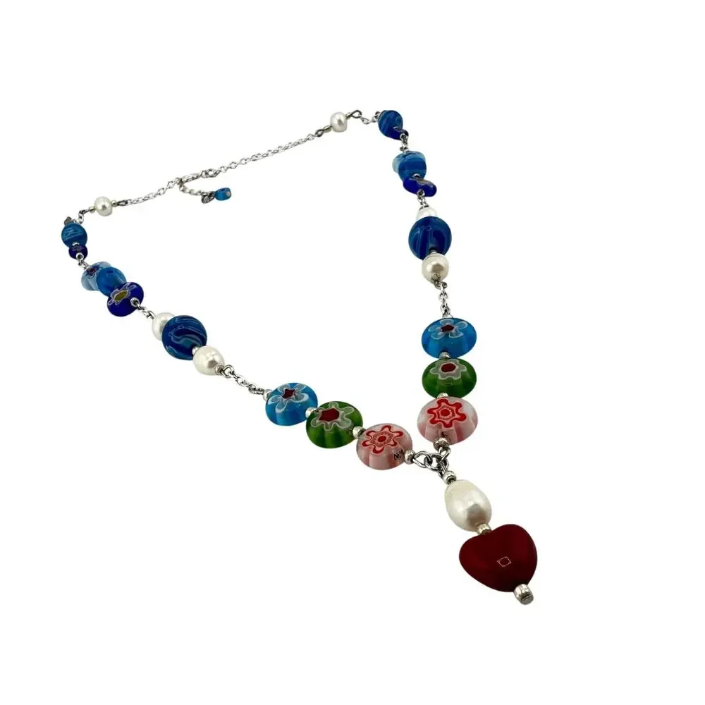 Handmade Millefiori Multicolor Italian Glass Freshwater Pearl 18" Necklace - Picture 4 of 5